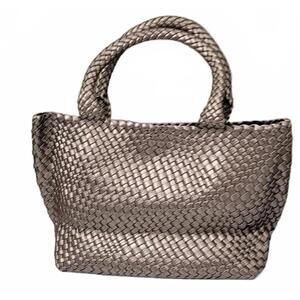 Women's Woven Metallic Silver Braided Tote Handbag Purse